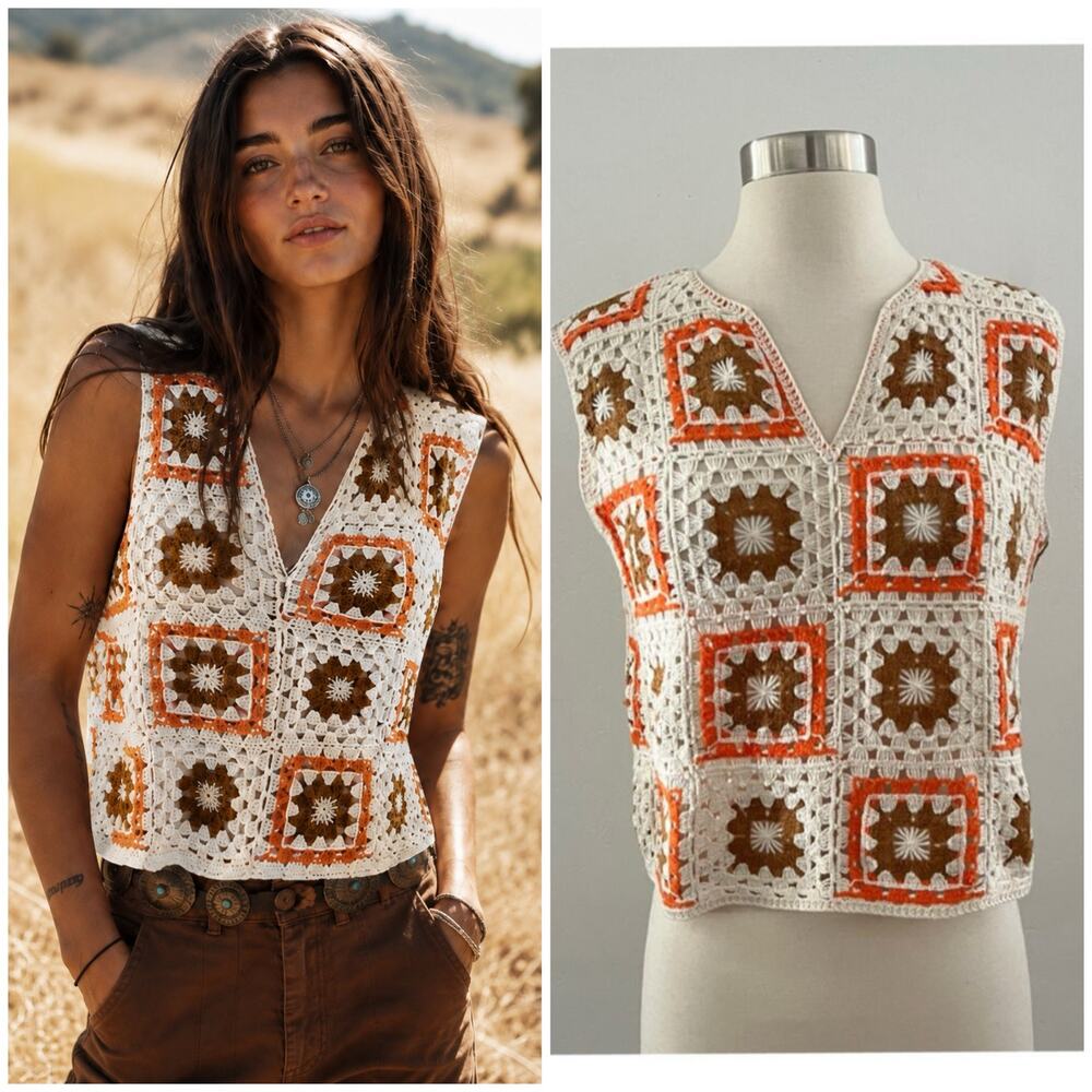 Liv Los Angeles Crochet Granny Square Vest Top Knit Boho Hippie Cotton Small NEW